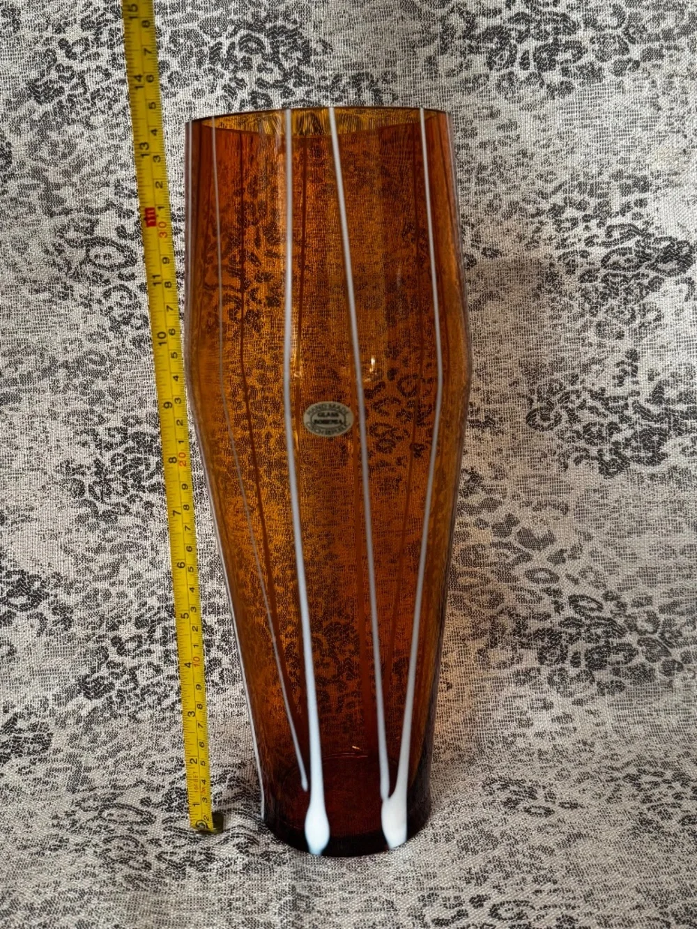 Hand Made Czech Republic Glass Bohemia Amber Vase w/White Decorative Stripes